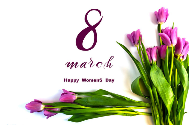 International Women's Day March 8! Flat Lay, banner, greeting card with flowers from March 8. - Foto, Imagen