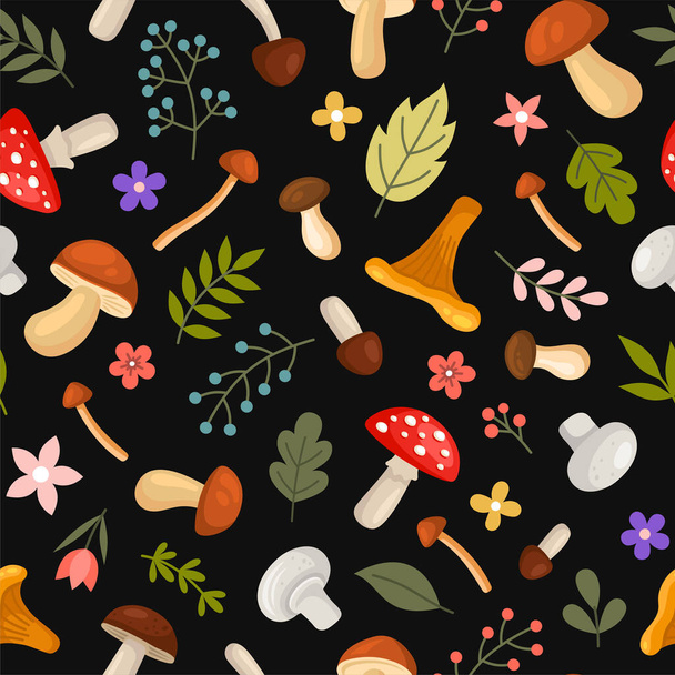 Mushrooms and Leafs Seamless Pattern on Black Background. Vector - Vector, imagen