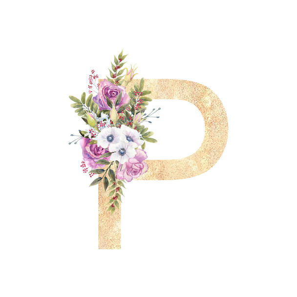 Golden letter P of the English alphabet with a bouquet of purple roses and anemones on a white isolated background. Hand-drawn watercolor illustration - Фото, изображение