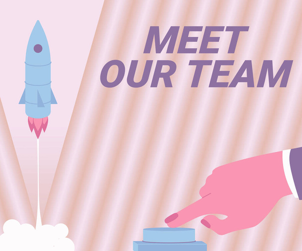 Bildunterschrift: Treffen Sie unser Team. Word für die Einführung einer anderen Person in Ihre Teamkollegen in der Firma Man Hand Drücken von Taste, um Rakete ins All für New Horizons starten. - Foto, Bild