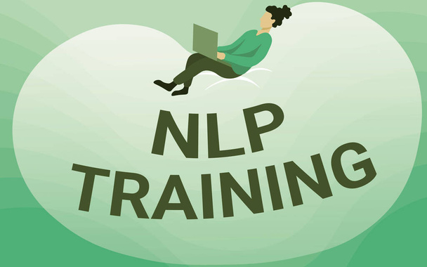 Sign displaying Nlp Training. Business showcase words have power approach includes seminar, coaching, training, and advice Lady Drawing Sitting Back On A Large Bean Bag Using Laptop. - Photo, Image