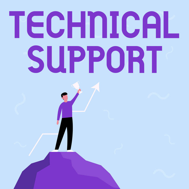 Text sign showing Technical Support. Word for a service provided by a hardware or software company Businessman Drawing Standing On Big Rock Proudly Holding Trophy. - Photo, Image