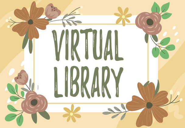 Handwriting text Virtual Library. Business idea collection of resources available on computer systems Blank Frame Decorated With Abstract Modernized Forms Flowers And Foliage. - Photo, Image