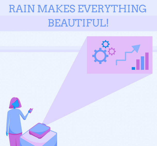 Conceptual caption Rain Makes Everything Beautiful. Concept meaning raining creates earth a wonderful place Lady Standing Holding Projector Remote Control Presenting Graph Growth. - Foto, afbeelding