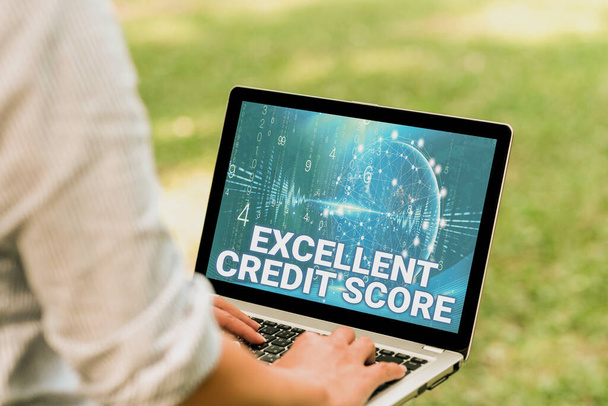 Writing displaying text Excellent Credit Score. Conceptual photo person s is report of financial standing and capacity to pay Woman Typing On Laptop In The Park Alone Accomplishing Remote Jobs. - Photo, Image