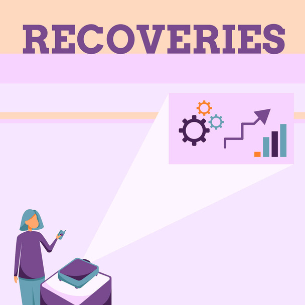 Text showing inspiration Recoveries. Business overview process of regaining possession or control of something lost Lady Standing Holding Projector Remote Control Presenting Graph Growth. - Photo, Image