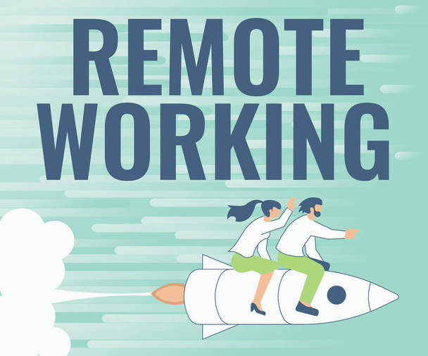 Writing displaying text Remote Working. Business approach style that allows professionals to work outside of an office Illustration Of Happy Partners Riding On Rocket Ship Exploring World. - Photo, Image