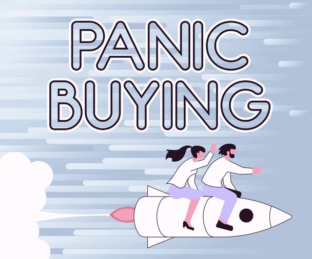 Inspiration showing sign Panic Buying. Business showcase buying large quantities due to sudden fear of coming shortage Illustration Of Happy Partners Riding On Rocket Ship Exploring World. - Photo, Image