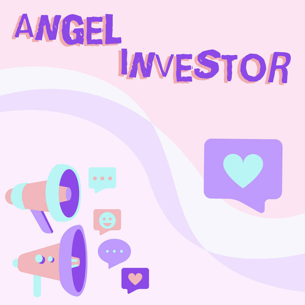Käsitteellinen kuvateksti Angel Investor. Liiketoiminta käsite korkea nettovarallisuus henkilö, joka tarjoaa taloudellista tukea Pari Megafoni piirustus Making Ilmoitus Chat Cloud. - Valokuva, kuva