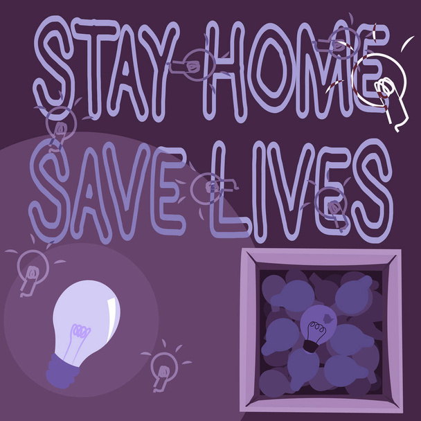 Inspiráló szöveg Stay Home Save Lives. Üzleti koncepció csökkenti a fertőzött betegek számát azáltal, hogy nem hagyja el a házat Ragyogó villanykörte rajz dobozban Megjelenítve friss felfedezések. - Fotó, kép