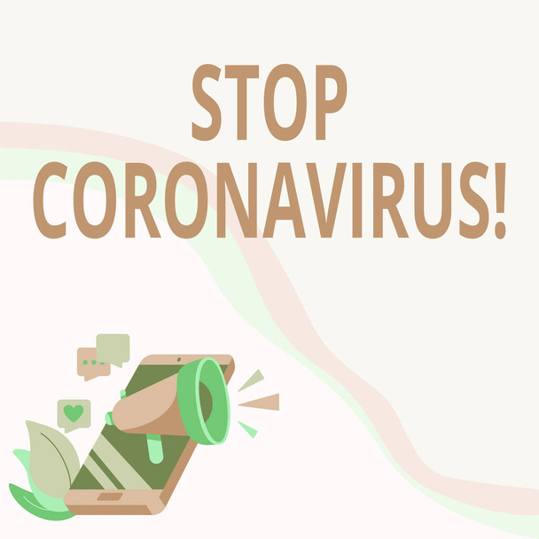 Kavramsal görüntü Coronavirüs 'ü durdurun. COVID19 vakalarını azaltmak için mücadele veren işletme vitrini hastalıkları bilinçlendirme kampanyası telefon görüşmeleri ve megafonla tepkiler. - Fotoğraf, Görsel
