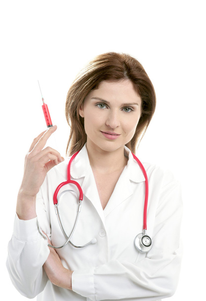 Doctor woman and syringe isolated on white - Photo, Image