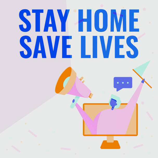 Schild mit der Aufschrift Stay Home Save Life. Verringern Sie die Zahl der infizierten Patienten, indem Sie das Haus nicht verlassen.. - Foto, Bild