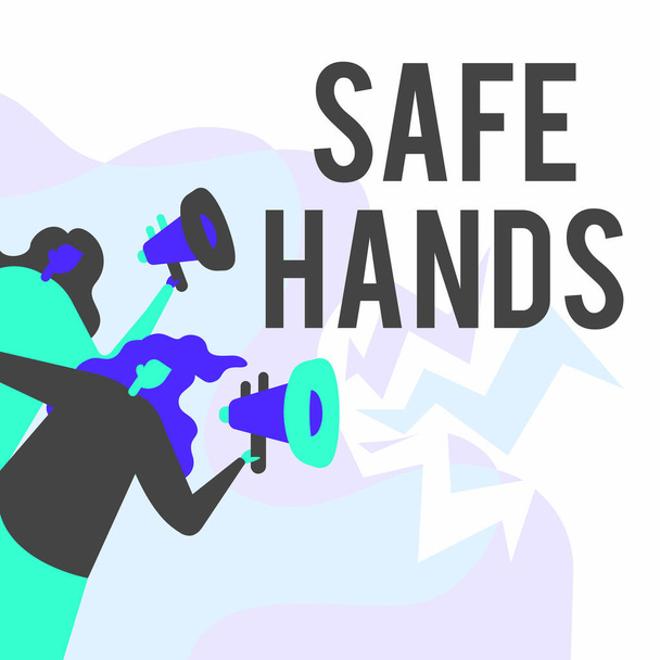 Tekstimerkki, jossa näkyy turvalliset kädet. Sana, jolla varmistetaan käsien steriiliys ja puhtaus dekontaminaatiota varten Naiset, jotka piirtävät hallussaan olevia megafoneja. - Valokuva, kuva