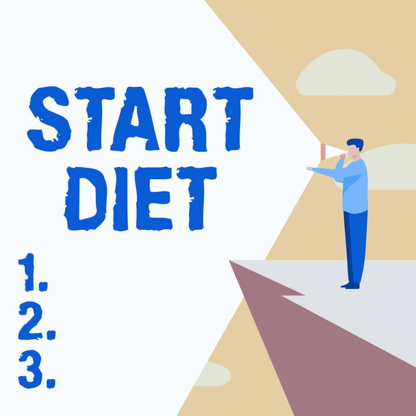 Sign displaying Start Diet. Business idea the practice of eating food in a regulated and supervised fashion Businessman Drawing Standing In Cliff Using Megaphone Making Announcement. - Photo, Image