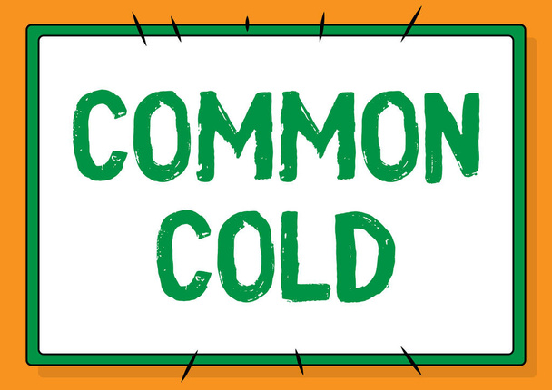 Znak pisma ręcznego Common Cold. Zaprezentowano infekcję wirusową w górnych drogach oddechowych, która dotyka głównie nosa Line Illustrated tła o różnych kształtach i kolorach. - Zdjęcie, obraz