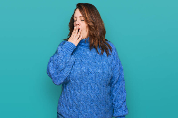 Young plus size woman wearing casual clothes bored yawning tired covering mouth with hand. restless and sleepiness.  - Photo, Image