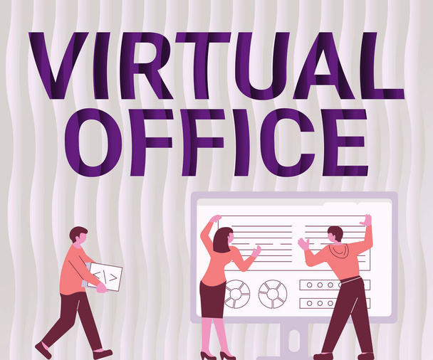 Inspiraatio näyttää merkkiä Virtual Office. Liiketoiminta lähestymistapa operatiivinen verkkotunnuksen tahansa yrityksen tai organisaation lähes kollegansa piirustus pysyvän vieressä taulukon ennuste kaavio - Valokuva, kuva