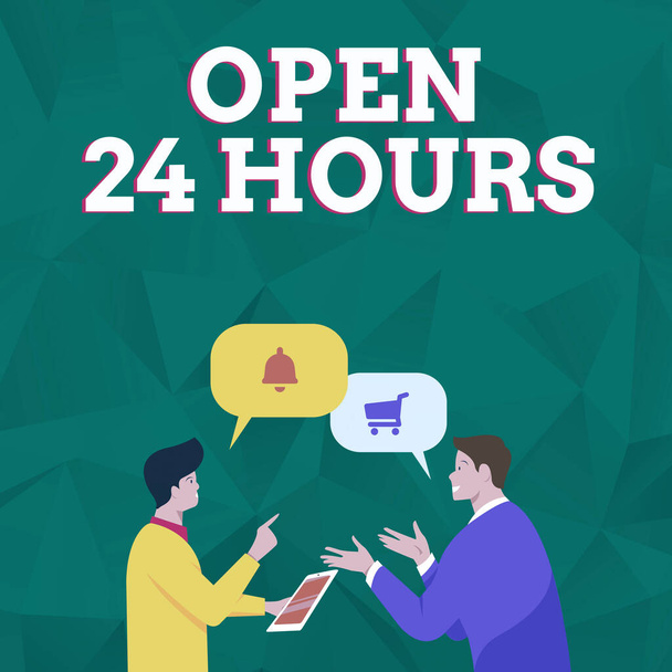 Schild mit der Aufschrift Open 24 Hours. Internet-Konzept den ganzen Tag und die ganze Nacht verfügbar, ohne zu schließen oder anzuhalten Zwei Männer Kollegen, die mit Sprechblasen Gedanken austauschen - Foto, Bild