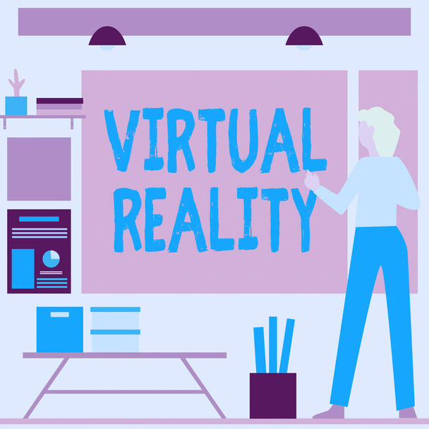 Handwriting text Virtual Reality. Internet Concept an artificial environment that is created with software Businesswoman Casual Standing Presenting Charts And New Wonderful Ideas. - Photo, Image
