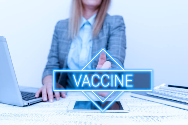 Text sign showing Vaccine. Business concept preparation of killed microorganisms or living attenuated organisms Architect Interviewing Client, Reporther Gathering Important Informations - Photo, Image