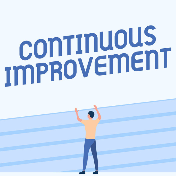 Sign displaying Continuous Improvement. Business overview making small consistent improvements over time Athletic Man Standing On Track Field Raising Both Hand Showing Celebration. - Photo, Image