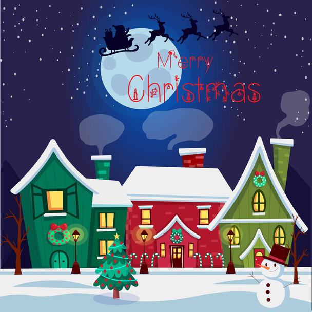 WebCartoon snowman and houses with Christmas tree, moon and flying reindeer.Christmas and New Year greeting card with text, Merry Christmas.Vector illustration - Vetor, Imagem