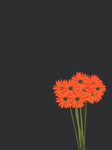 Ramo de hermosas flores de color naranja sobre un fondo negro. Lugar para el texto. Gerberas. - Vector, Imagen