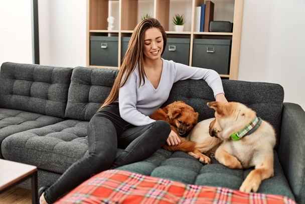 Young hispanic woman smiling confident sitting on sofa with dogs at home - Foto, Imagen