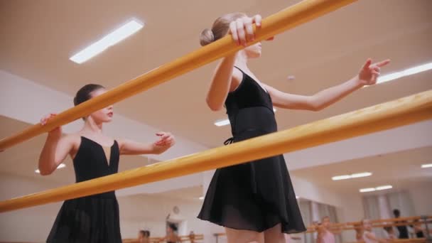 Entrenamiento de ballet - grupo de niñas entrenando ballet en el estudio espejo - dos niñas entrenando aparte de otras cerca del stand - Imágenes, Vídeo