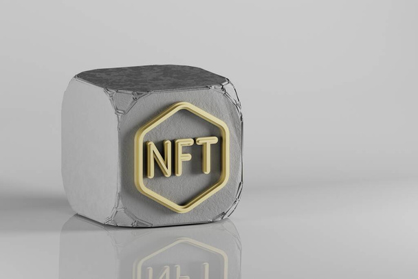 Значок NFT Token. Красивые иконки Золотого NFT символа на бетонном кубе и керамическом фоне. 3d визуализация иллюстрации. Фоновый рисунок для дизайна. - Фото, изображение
