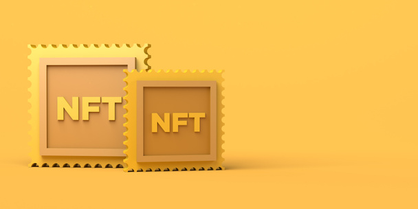 Nezastupitelné žetony, NFT, na žlutém pozadí. Rozumím. 3D ilustrace. - Fotografie, Obrázek