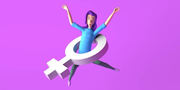 Žena proskakuje ženským symbolem. Feminismus. 3D ilustrace. Mezinárodní den žen. 8. března. Kopírovat prostor. - Fotografie, Obrázek