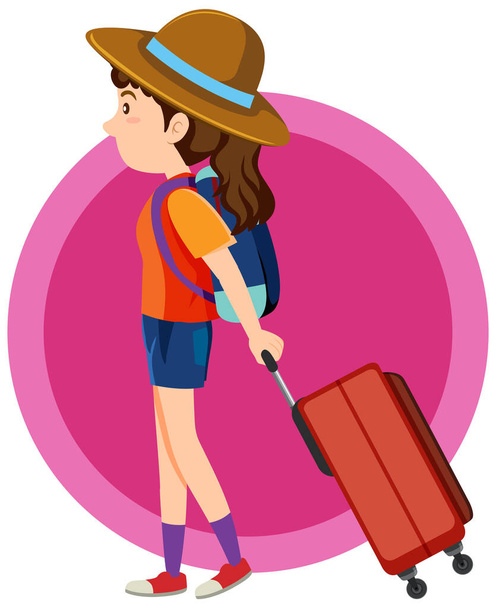 Happy girl ciągnąc bagaż na różowym tle ilustracji - Wektor, obraz