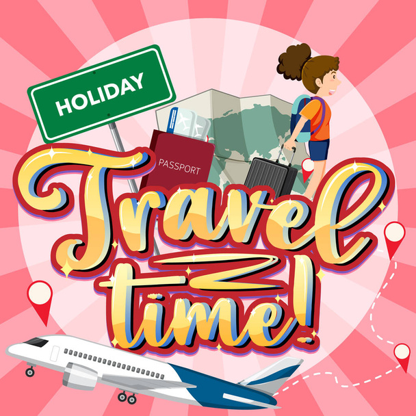 Travel Time lettering design with travelling objects illustration - Vector, Image