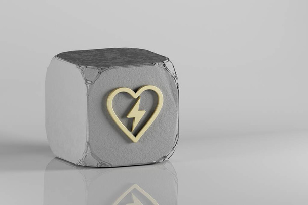 Defibrilator icoon. Prachtige gouden symbolen op een betonnen kubus en witte keramische ondergrond. 3d weergave illustratie. Achtergrondpatroon voor ontwerp. - Foto, afbeelding