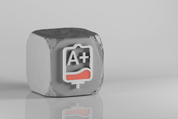 Значок Кровавого мешка. Кровавый тип А + на бетонном кубе и белом керамическом фоне. 3d визуализация иллюстрации. Фоновый рисунок для дизайна. - Фото, изображение