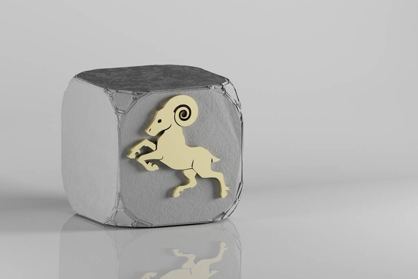 Piękny złoty znak zodiaku Ikony symbolu Koziorożec na kostce betonu i białym tle ceramicznym. Ilustracja 3D renderowania. Wzór tła dla projektu. - Zdjęcie, obraz