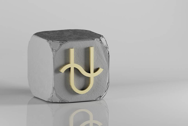 Hermoso signo del zodiaco dorado iconos símbolo de Ophiuchus sobre un cubo de beton y fondo de cerámica blanca. Ilustración de representación 3d. Patrón de fondo para el diseño. - Foto, Imagen