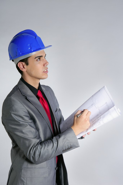 Architect engineer with blue hardhat - Foto, afbeelding