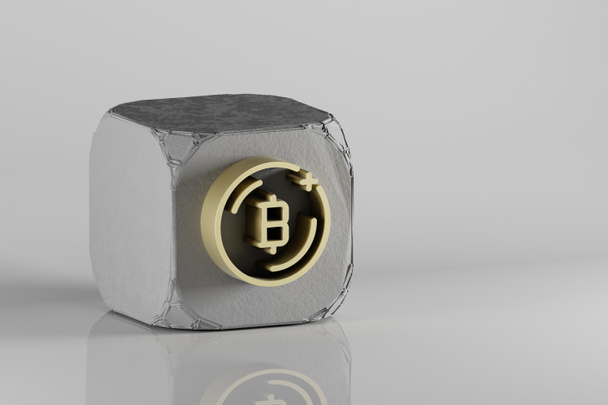 Wunderschönes goldenes Bitcoin-Symbol auf einem Beton-Würfel und weißem Keramik-Hintergrund. 3D-Darstellung. Hintergrundmuster für Design. - Foto, Bild