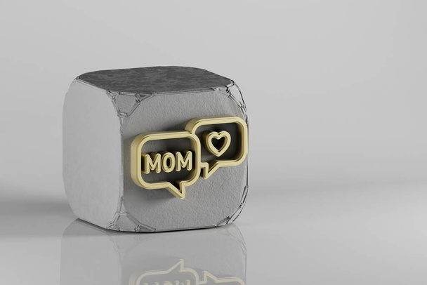 ベトンキューブと白のセラミックの背景に単語の母と心のシンボルと美しい黄金のメッセージ。3Dレンダリングイラスト。デザインの背景パターン。母の日. - 写真・画像