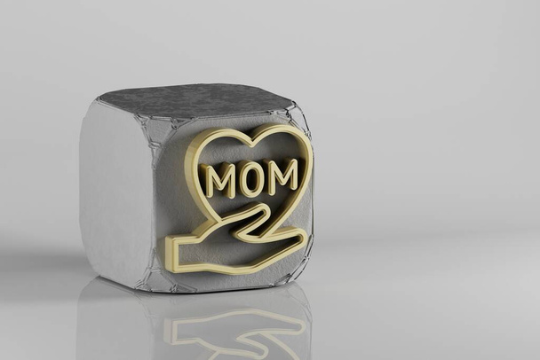 Beautiful Golden hand heart with word MOM symbol on a beton cube and white ceramic background. 3d rendering illustration. Background pattern for design. Mothers Day. - Zdjęcie, obraz