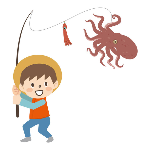 Illustration of a boy fishing an octopus - Vettoriali, immagini