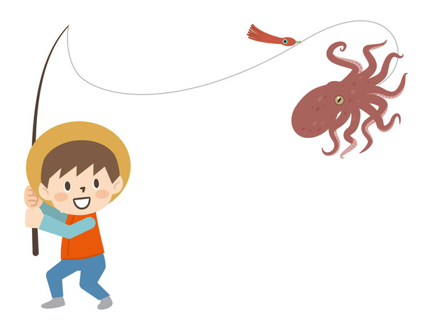 Illustration of a boy fishing an octopus - Vektori, kuva