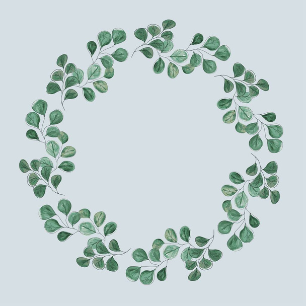 Wreath frame of green leaves. Vector illustration. Round vignette. - Vector, Image