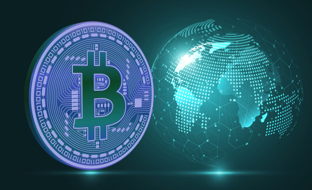Bilder des Bitcoin-Logos auf einem digitalen Hintergrund. 3D-Abbildungen. - Foto, Bild