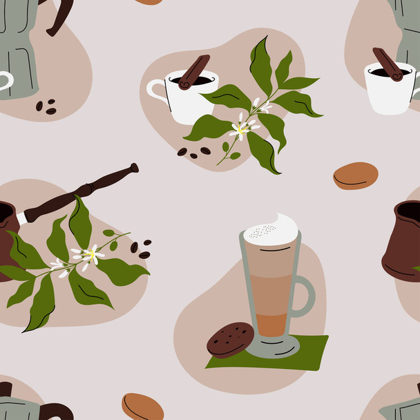 Nahtloses Muster mit Kaffeegetränken, Barista-Werkzeugen, Kaffeebohnen - Vektor, Bild