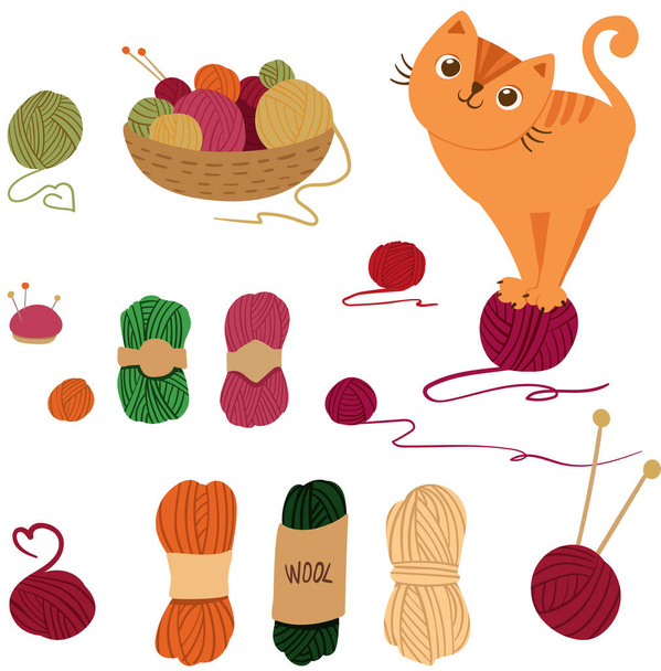 WebCute gato en una bola de hilos de lana, un conjunto de hilos de lana. Para postales, diseño. Ilustración vectorial - Vector, imagen