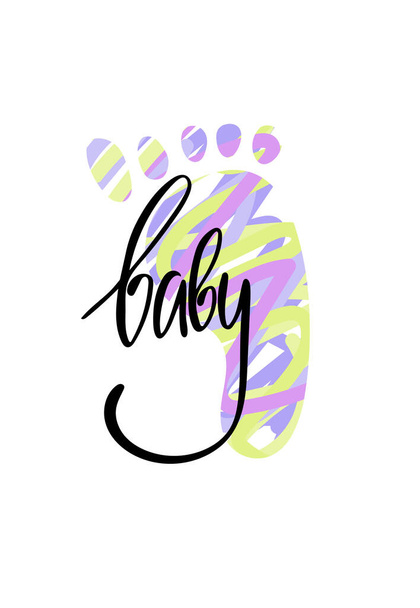 Baby footprint or heel. Hand drawn heel and lettering baby - Vector, Imagen